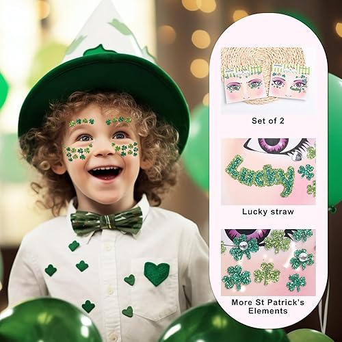 Miniatura 3 de Día de San Patricio, gemas faciales con trébol para pegar en la cara, joyas para festivales de trébol con purpurina verde, diseño de diamantes de