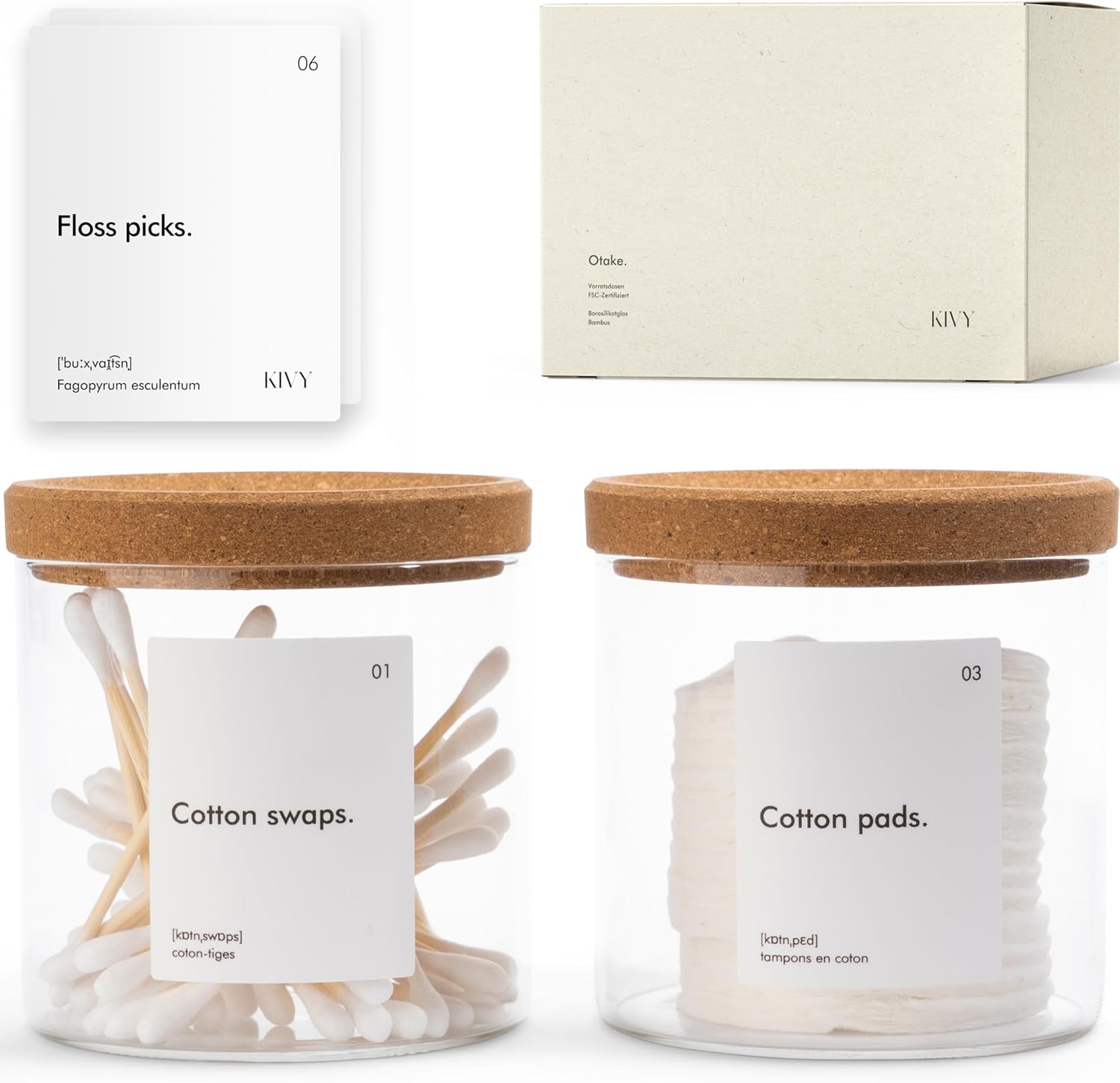 KIVY Glass bathroom jars with lids set of 2 with waterproof labels Glass