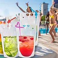 Vista 7 de Ozera 100 bolsas para bebidas, bolsas reutilizables de jugo de 16 onzas para adultos, bolsas de plástico resistentes para batidos con 100 popotes