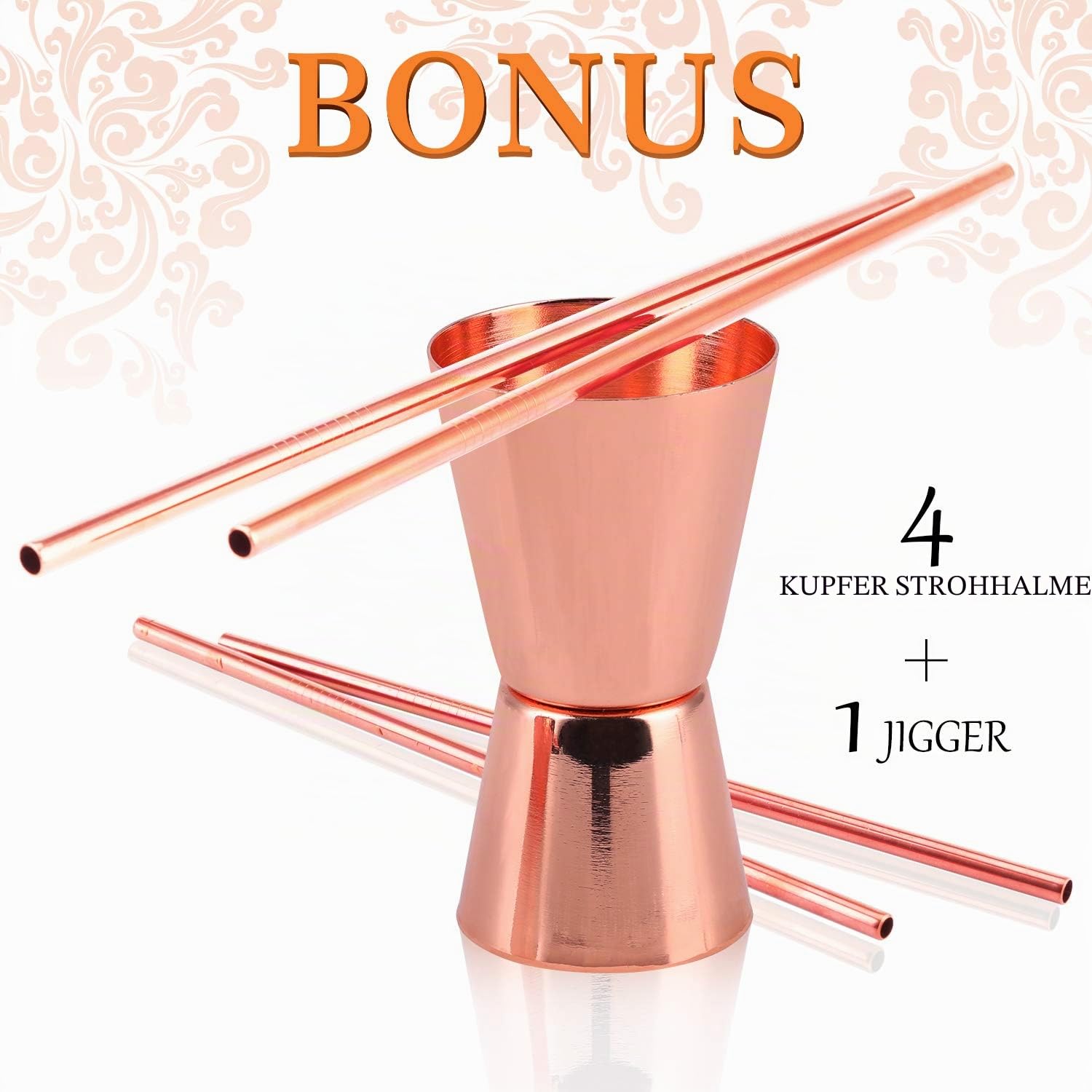 Moscow Mule Becher 4er Set, Handgefertigt Kupferbecher, 550ml Cocktail Set mit: 4 Hochwertige Kupferne Gläsern, 4 Cocktailstrohhalme und 1 Jigger