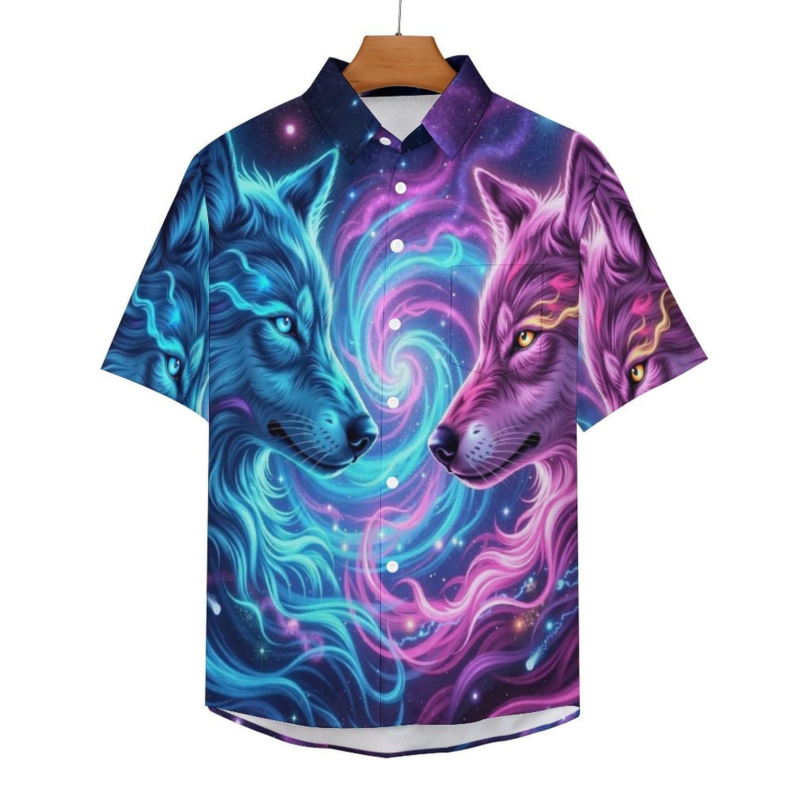 Camicie a Maniche Corte da Uomo - Camicie da Spiaggia con Stampa Lupo della Via Lattea Animali Fantastici, Funky Estiva Cool Camicia Hawaiana Monopetto Camicia S-5XL