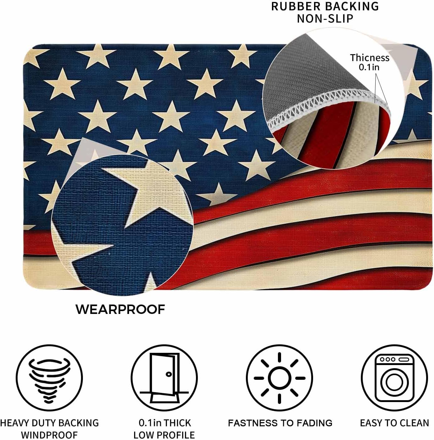 4th of July Door Mat American Flag Doormat Rustic USA Patriotic Star Stripes Independence Day Welcome Mat Non Slip Rubber Entryway Front Rug Floor Mats for Indoor Outdoor Kitchen Memorial Day 24x36