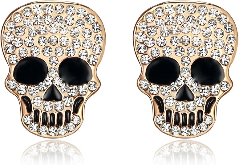 18K Gold Plated Crystal Skull Skeleton Stud Clip Stainless Steel Halloween Earrings for Women Gift