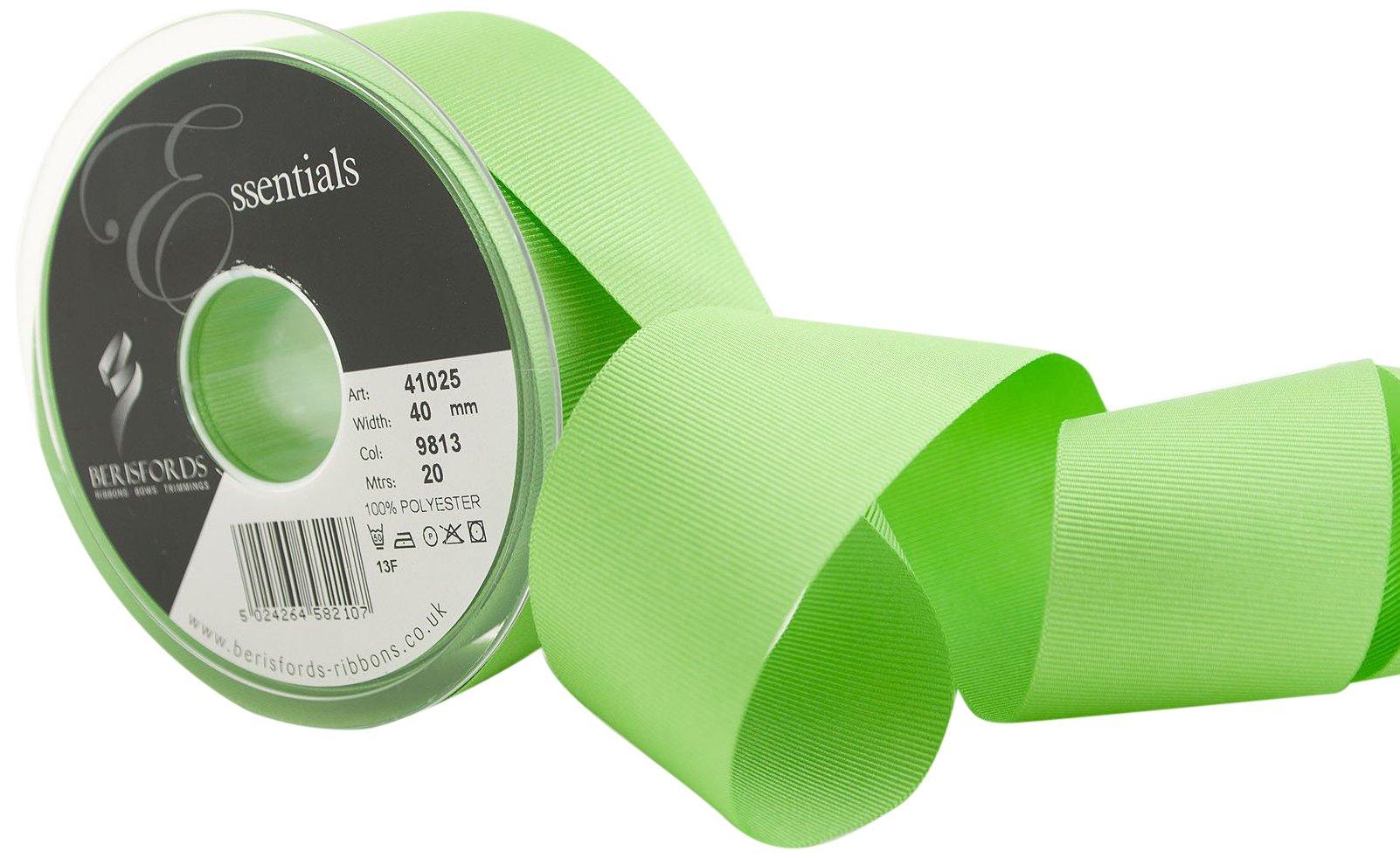 Berisfords 41025 20 m x 40 mm Polyester Grosgrain Ribbon, Spring Green, 40mm