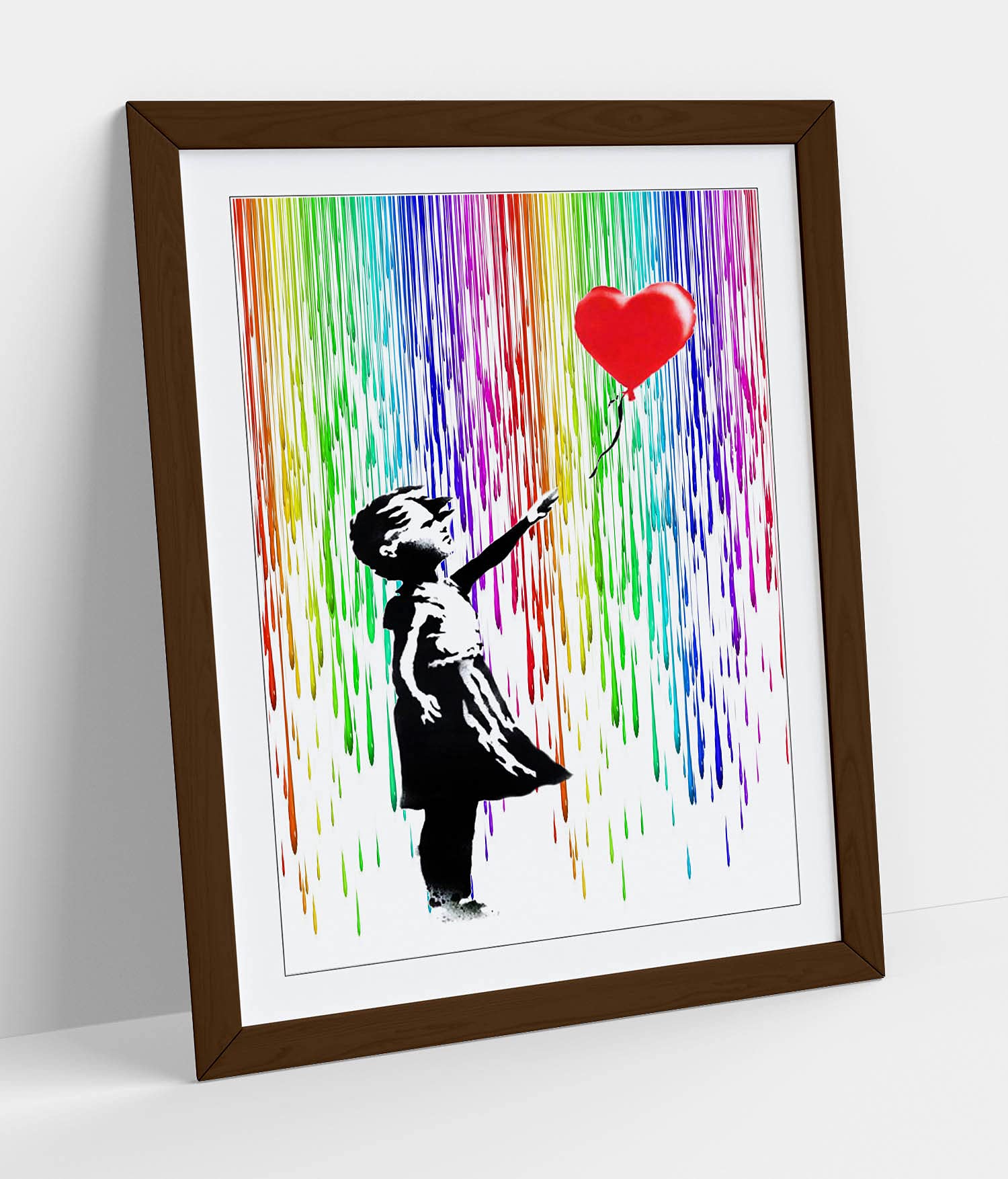 Canvasartshop Girls Walnut - Banksy Balloon Coloured Rain- Premium Wall Art Framed Picture Prints - 3 Colours - 4 Sizes (, A2)