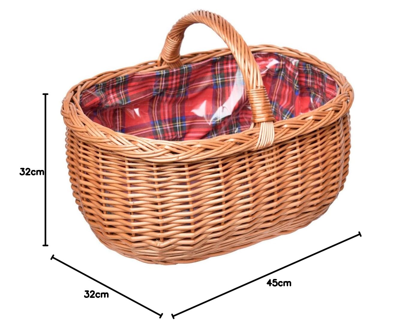 Ovaler Weidenkorb mit Henkel und Stoffeinsatz – Handgefertigter Einkaufskorb aus Naturmaterial, 45cm, Korb für Picknick, Markt und Aufbewahrung