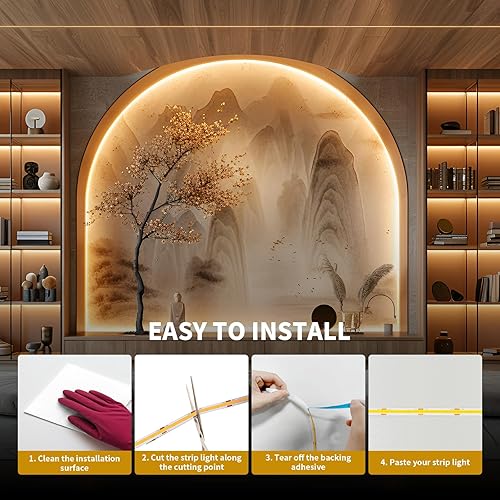 Miniatura 8 de COB - Tira de luz LED de 40 pies39.4 ft (1 rollo), blanco cálido, 3000 K, alto lumen, CRI 90+ con adaptador de corriente con certificación UL,