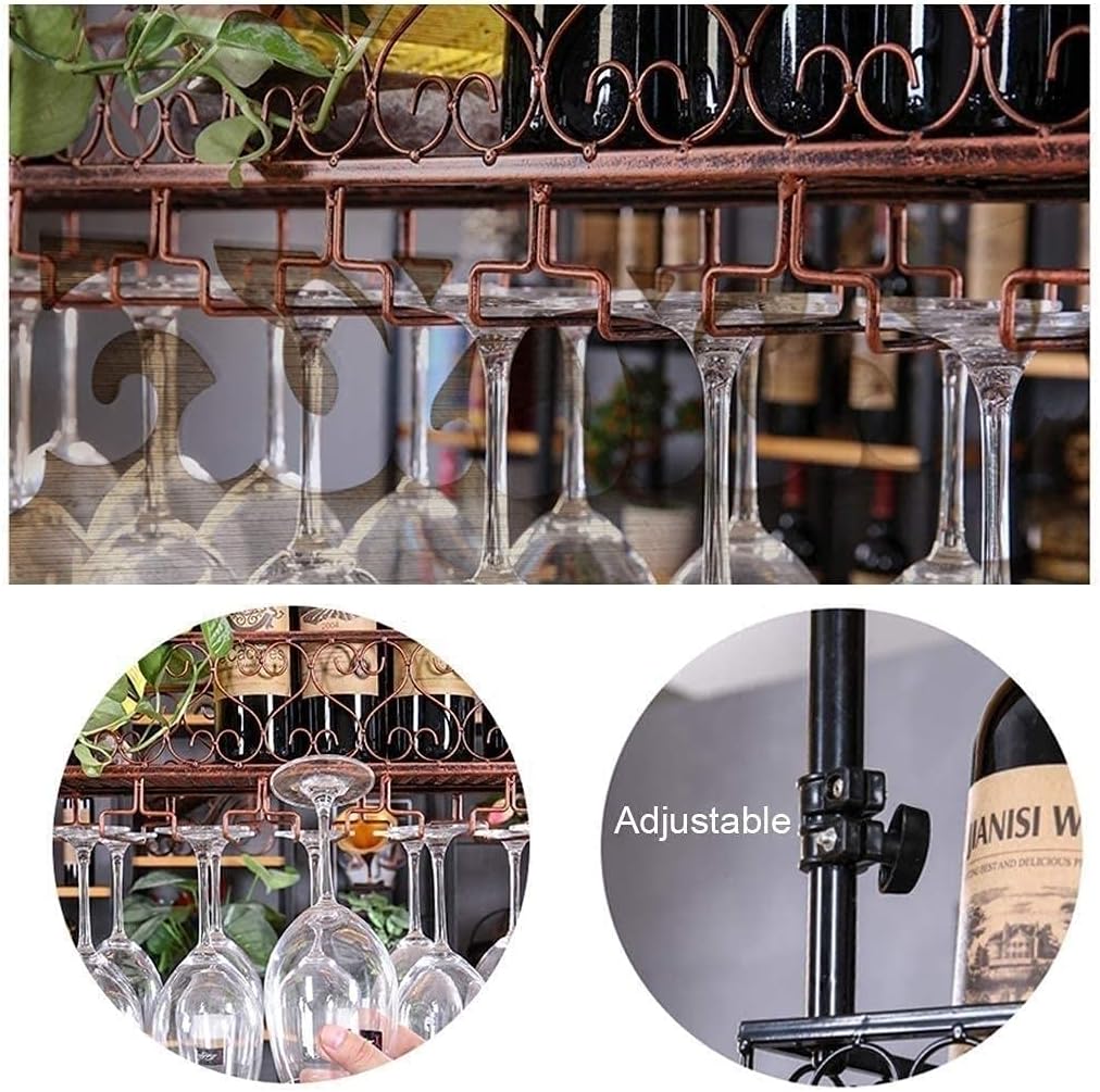 European Style Iron Wine Bottle Holder with Brass Finish Ceiling Hanging Wine Glass Rack and Goblet Shelf for Bars Decorative Stemware Organizer (80×25cm/32×10inch)