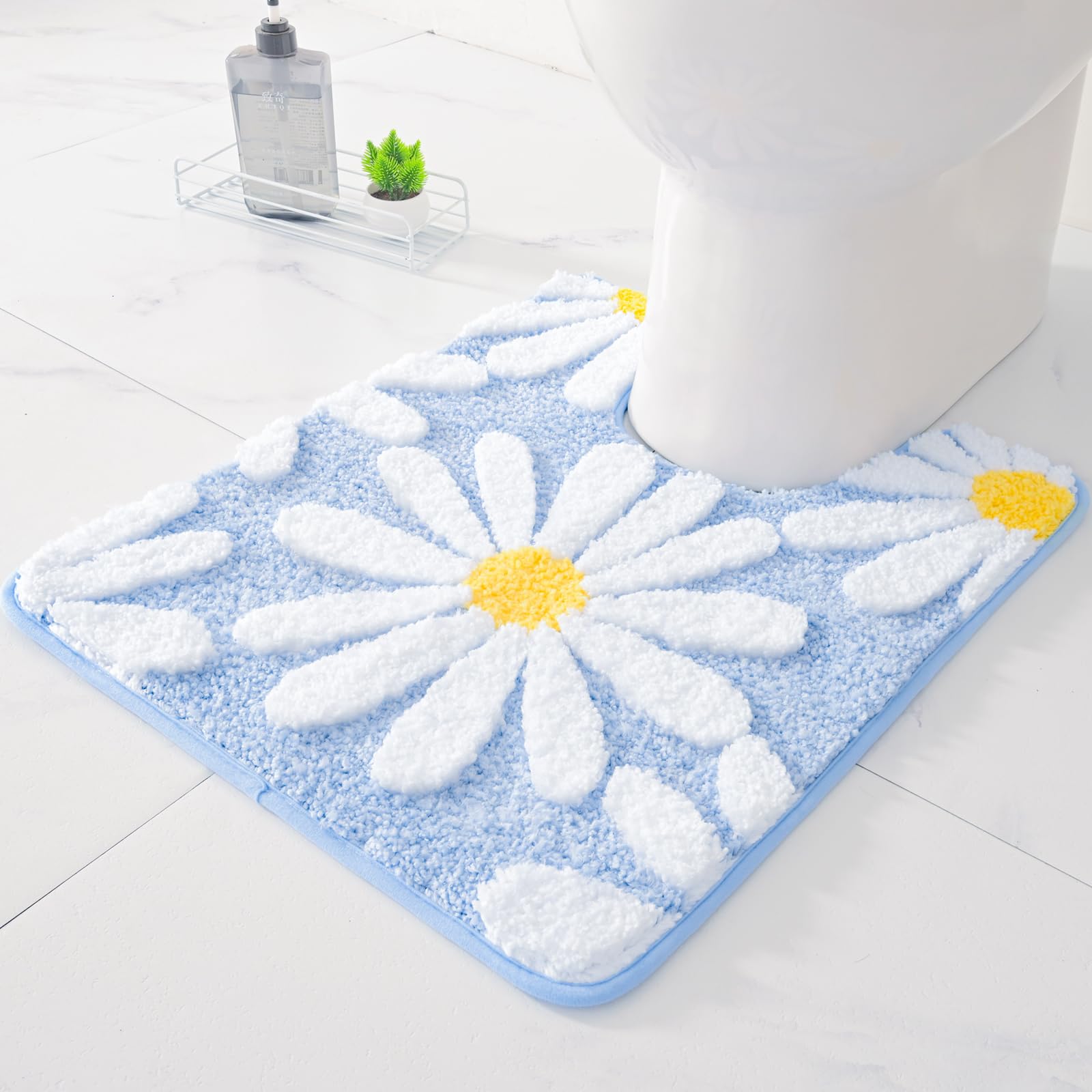 QJHOMO U Shaped Pedestal Mat, Blue Bath Mat, 20 x 24 Inches, Extra Thick, Soft, Non-Slip, Machine Washable, Bathroom Door Mat, Daisy Contour โ image 1