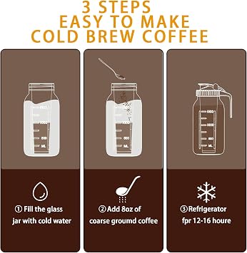 Cold Brew Coffee Maker Pitcher - Thick Glass Mason Jar | With Stainless Filter, Leakproof Flip Lid, Ergonomic Handle for Iced Coffee, Tea, Lemonade, Homemade Drinks (Black - 64oz)