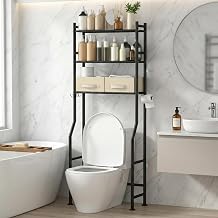 GloTika 3 Tier Over The Toilet Storage Rack with 2 Basket, Metal Freestanding Bathroom Shelves Toilet with Paper Holder and 4 Hooks, Over Toilet Storage Shelf for Bathroom Storage, Black