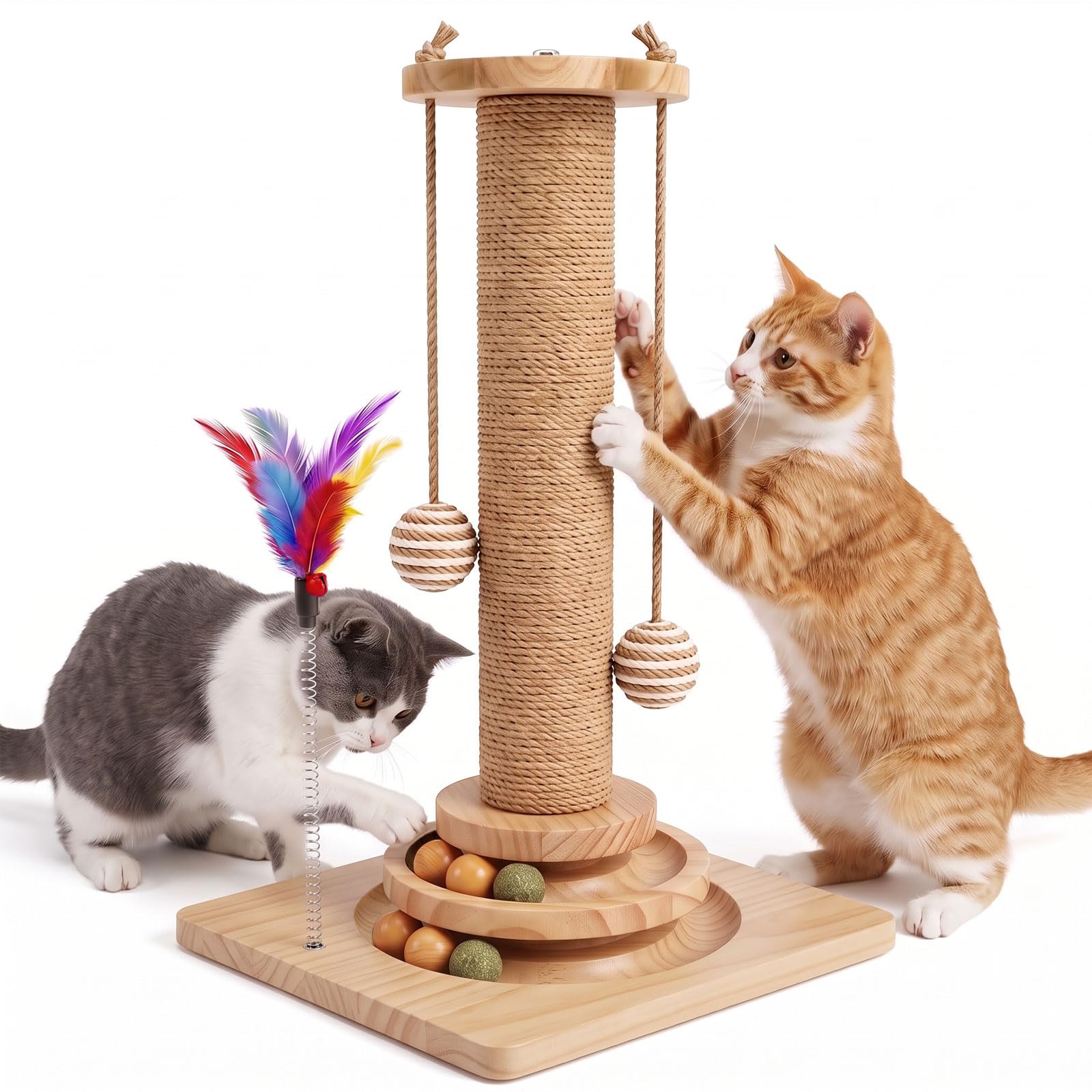 Natural Sisal Cat Scratching Post – 45cm Sturdy Cat Tree for Indoor Cats, Kitten Activity Centre with Play Platform, Hanging Toys & Scratching Board, Easy Assembly for Small Spaces (Square base)