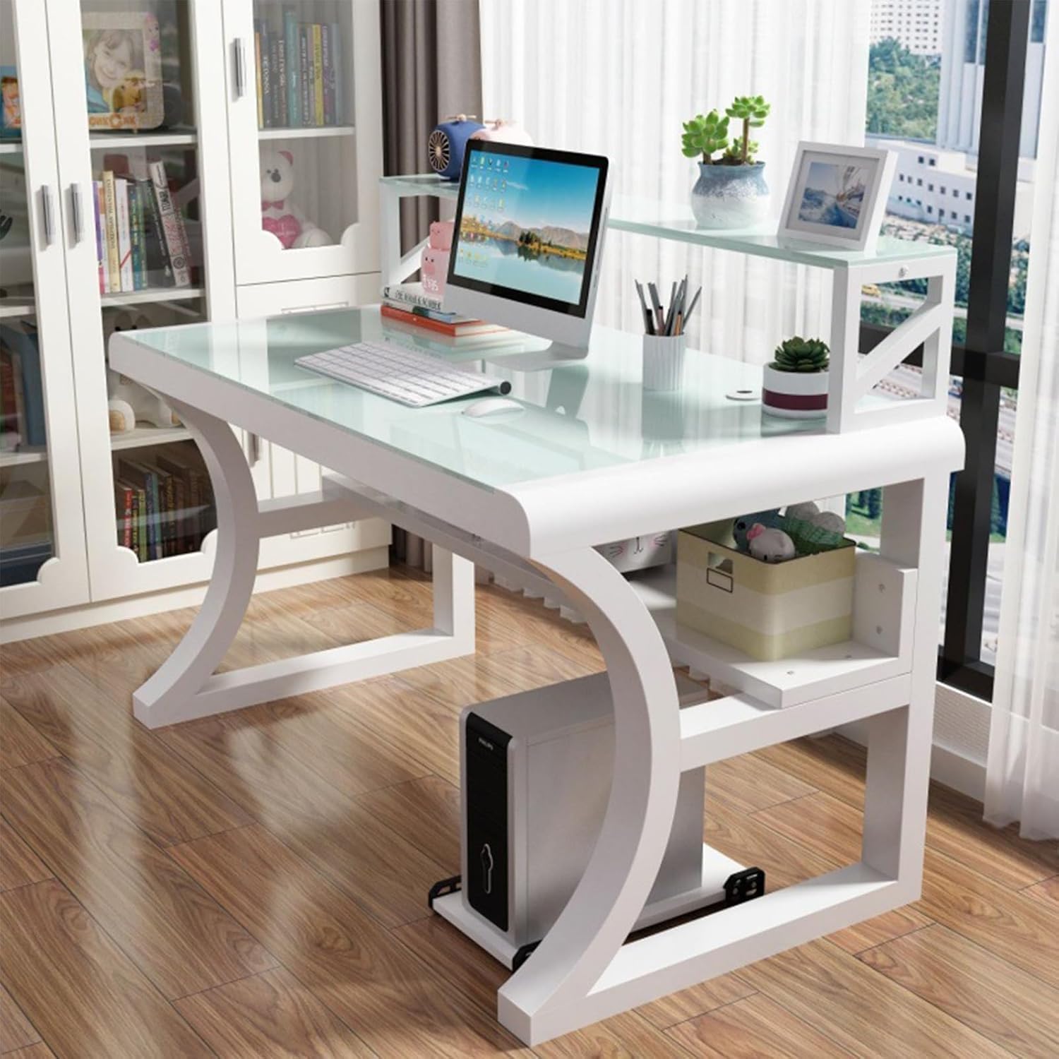 Escritorio De Ordenador De Cristal Templado, Escritorio De Oficina Grande con Estantes De Almacenamiento, Mesa De Juegos Moderna Y, Escritorio De Estudio Y Escritura para E 120cm/47inch