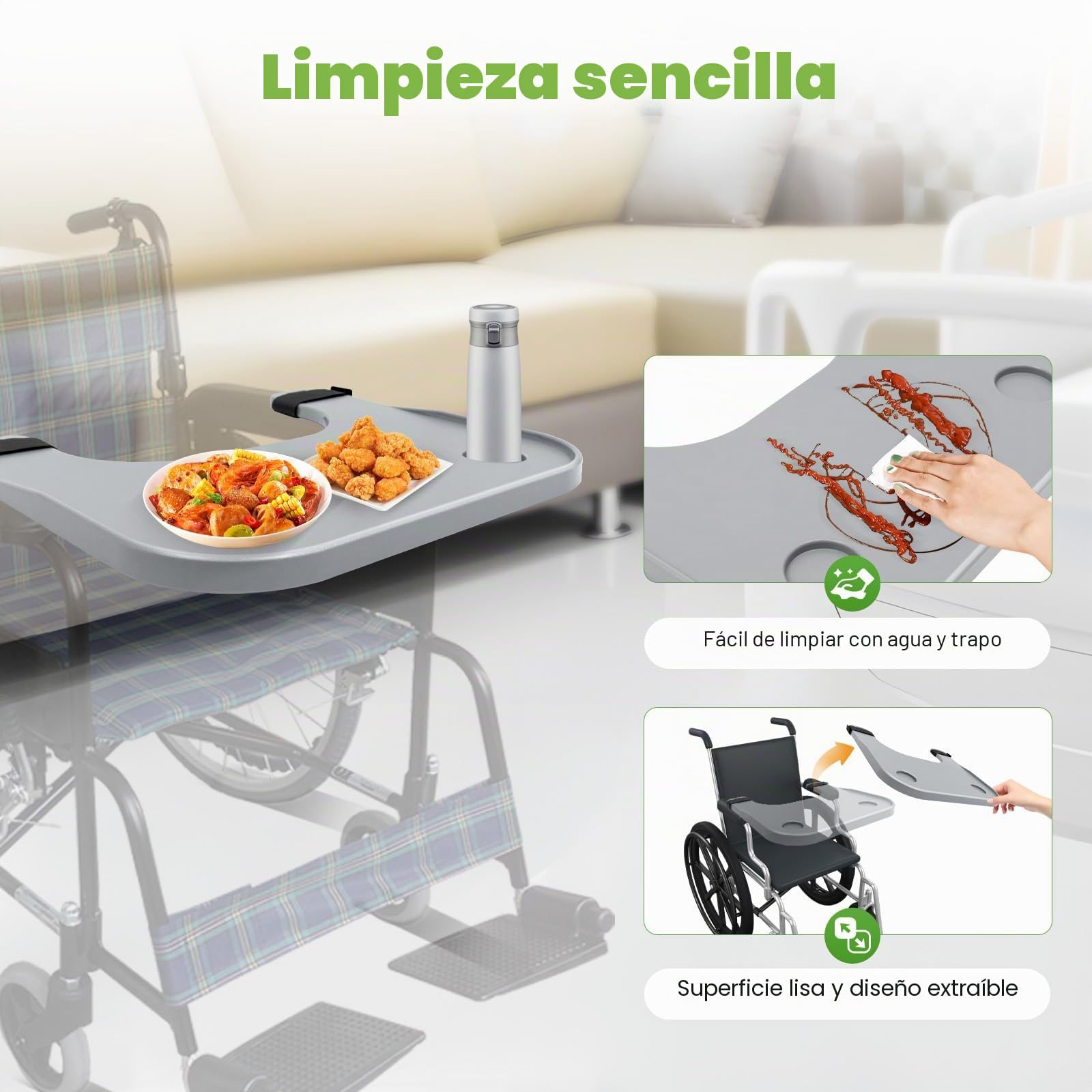 Bandeja para silla de ruedas, mesa universal extraíble para silla de ruedas con capacidad de carga de 20 kg y 2 soportes para tazas, accesorios para sillas de ruedas de 37-58 cm para comer,