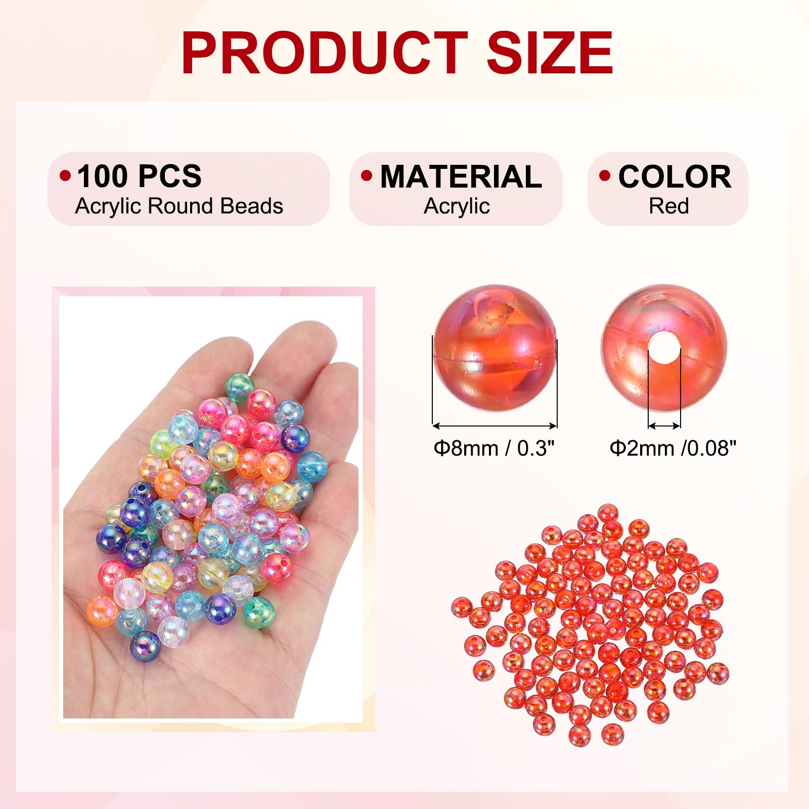 PATIKIL 8 mm Acrylic Round Beads, 100 Pcs AB Colors Round Clear Beads Craft Bead with Hole for Earring Bracelet Necklace Key Chains Red - Image 2