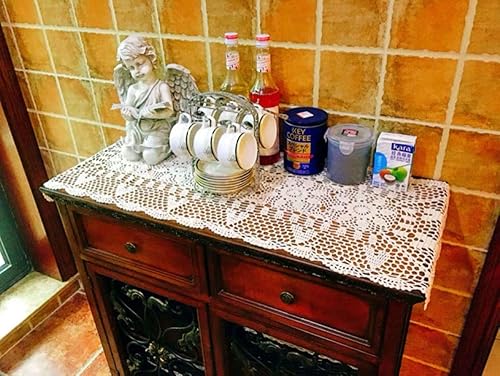 Miniatura 2 de Pasillos de mesa de algodón de ganchillo hechos a mano de color blanco con tapices rectangulares, 16 x 35 pulgadas.