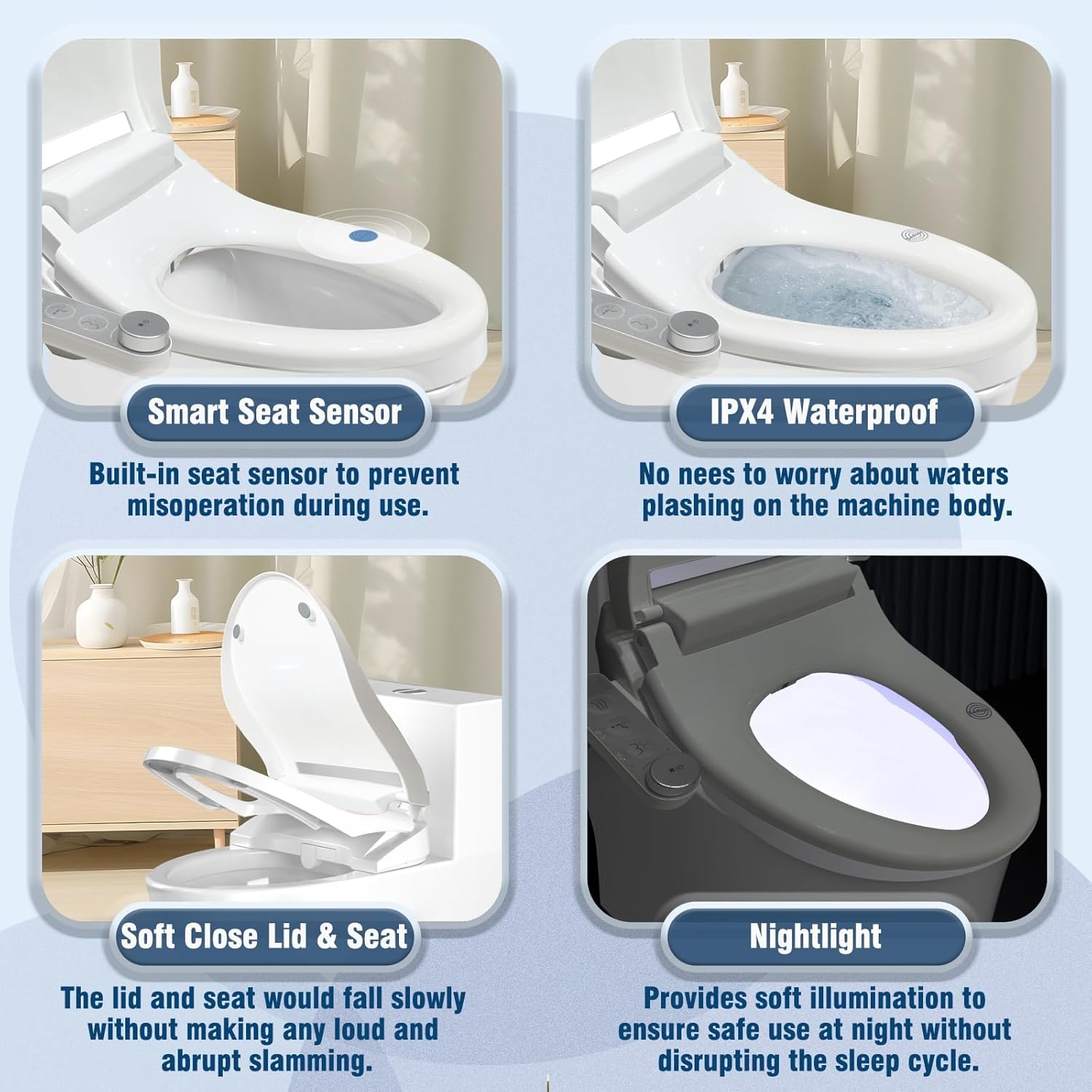 Bidet Toilet Seat, Electric Heated Toilet Seat with Instant Warm Bidet Wash & Turbo Warm Air Dryer, Soft Closed Toilet Lid, Night Light, Elongated