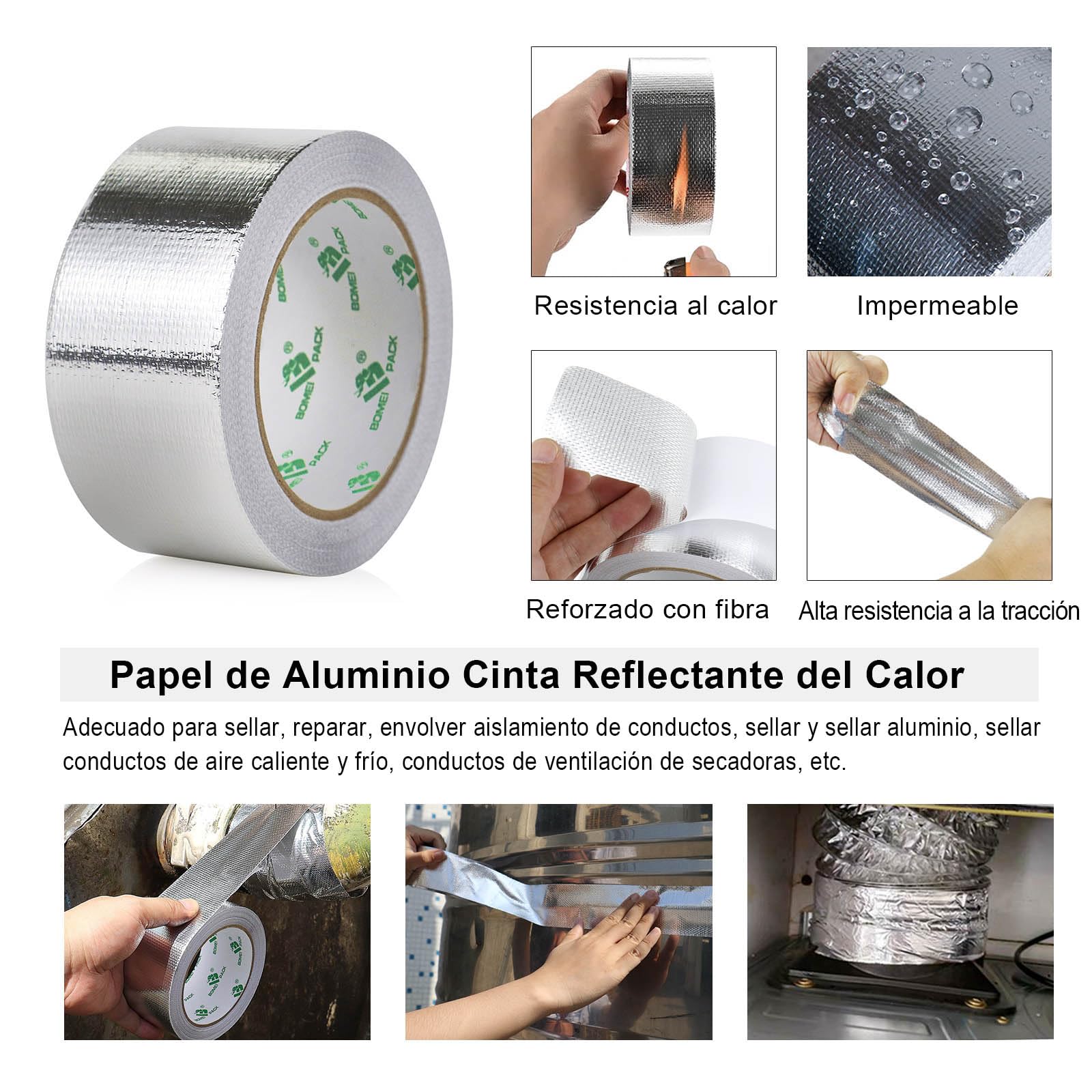 BOMEI PACK 50mmx20m Cinta adhesiva de aluminio reforzada aislante térmico - Rollo de aluminio adhesivo de alta temperatura de reparación - Cinta de Aluminio para Sellar Sistemas