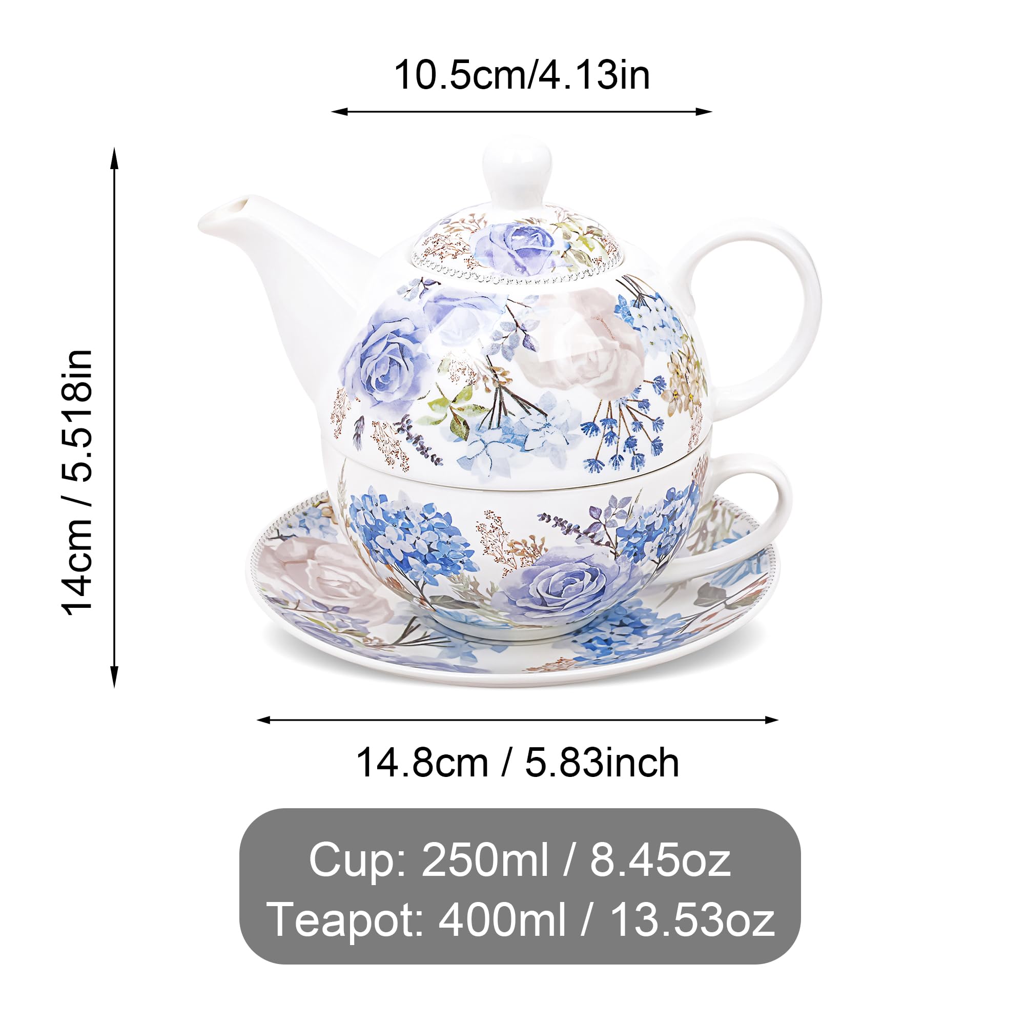 fanquare Juego de Té para Una Persona en Porcelana 400ml Diseño de Rosas y Hortensias Azules,Juego de Tetera con Taza de Café y Platillo para Té de la Tarde Desayuno y Regalo Hogar