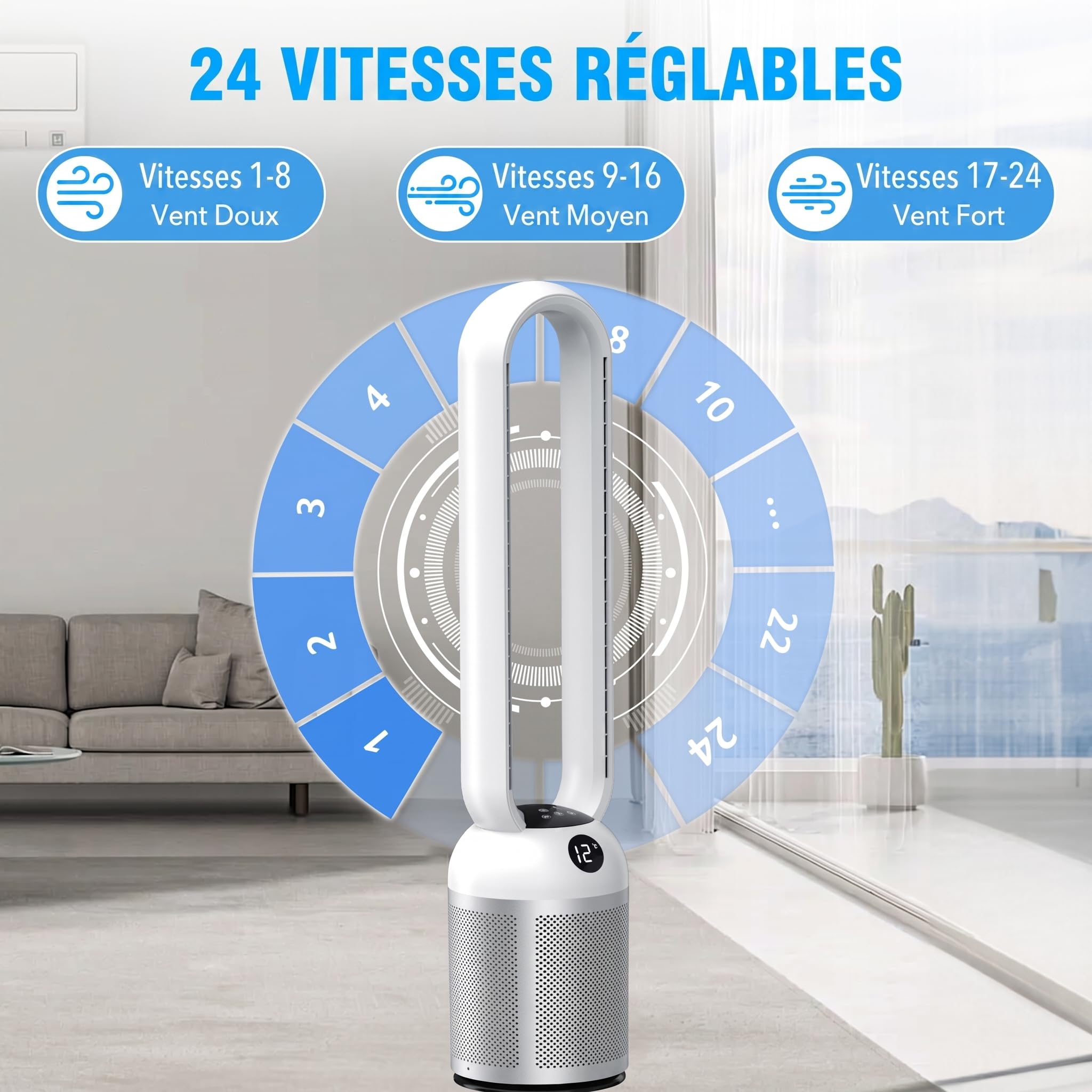 YAZEKY Ventilateur Colonne Sans Pale 101 cm, 24 Vitesses Ventilateur Tour Silencieux, Ventilateur de Sol Oscillant à 90, Écran LCD, Minuterie De 12H, Ventilateur Sur Pied Pour Chambre& Bureau (Argent)