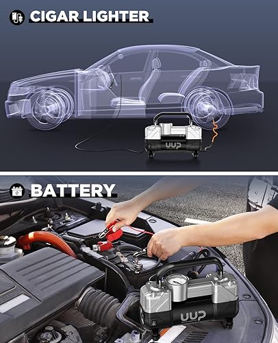 Vista 3 de Inflador de Neumáticos Compresor de Aire, 150PSI 12V CC Bomba de Aire Portátil de Doble Cilindro de Alta Resistencia con Luz LED de Emergencia