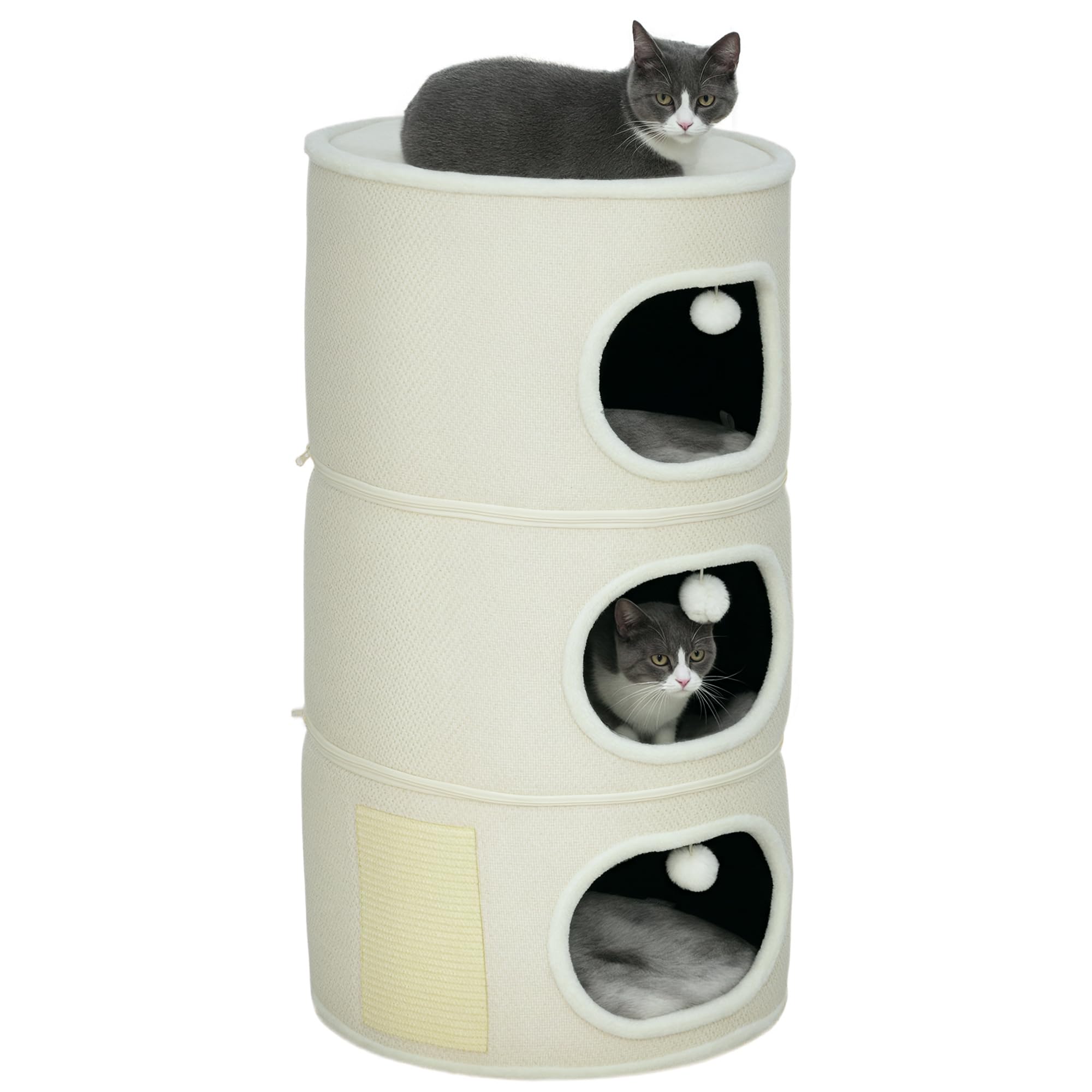 PawHut Tonneau à griffer, 100 cm de Haut Tonneau à Chat avec 3 cavités, Arbre à Chat avec balles de Jeu, Tour pour Chats en sisal, pour Chat jusqu'à 6 kg, Beige+CrèmeBlanc