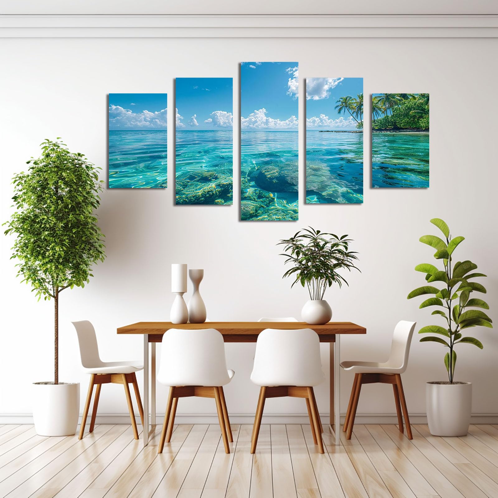 AMXBZC 5 Stück Abstraktes Nature Leinwand Bilder Kunstdrucke Wunderschöne Strandlandschaft Pflanze Wandbild -für Badezimmer Küche Wohnzimmer Wanddekoration(Blau 8)-100x200cm Ungerahmt