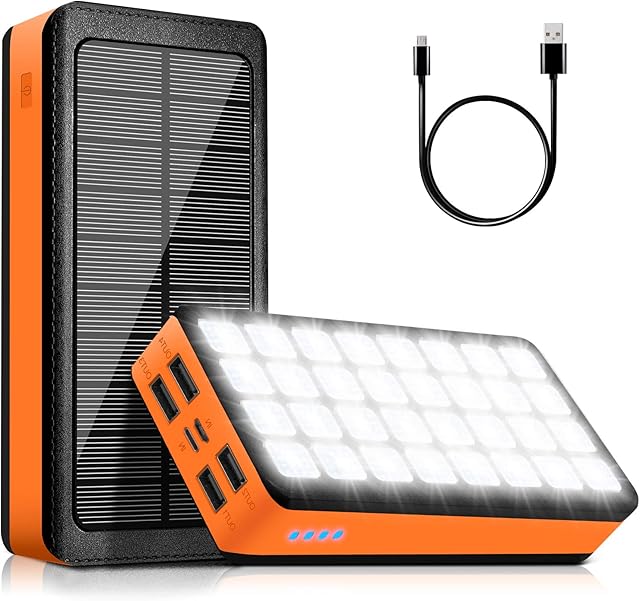 Portable Solar Charger 30000mAh, Solar Power Bank with 4 Outputs & Dual Inputs 32 LEDs Flashlight, Waterproof Charger Fast Charging Battery Pack for Smartphones Tablets Outdoors