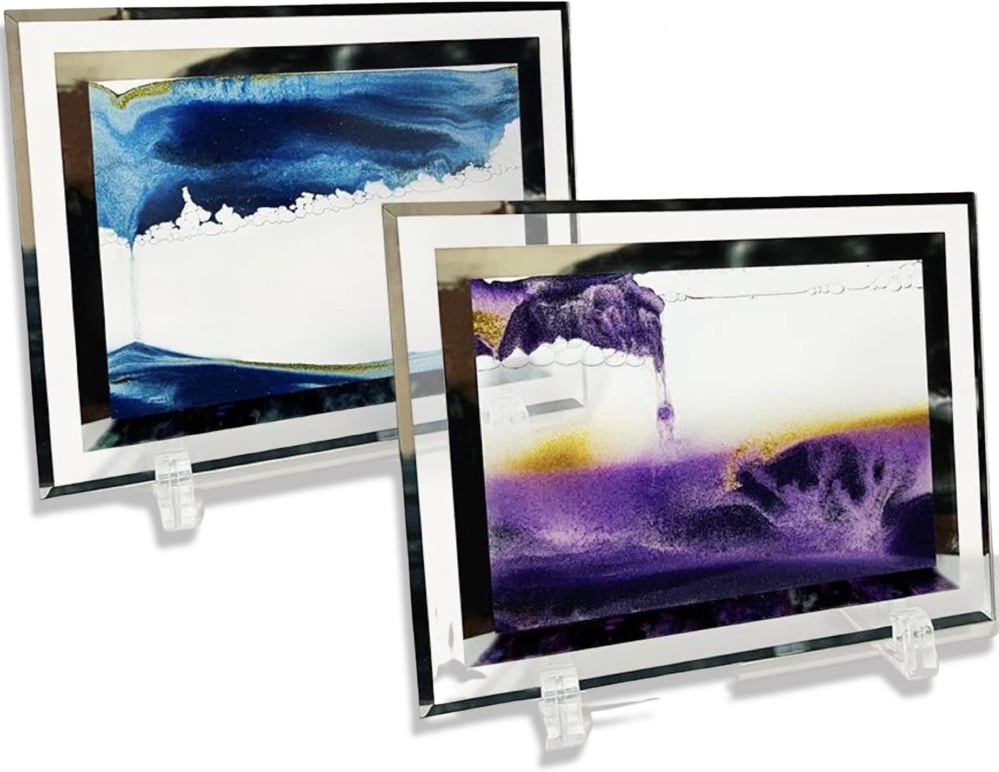 Inne' Peace Moving Sand Art Picture (2pcs of Blue & Purple) - 3D Sand Art Liquid Motion Deep Sea Glass Dynamic Quick Moving Sand Art Decor Frame for Desktop and Home Decor with Free Wipes