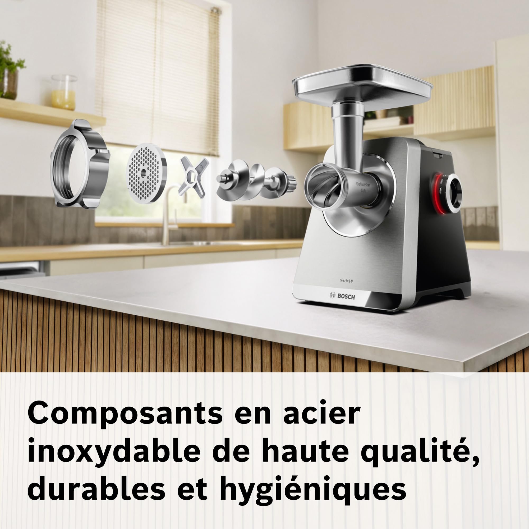Bosch MultiPower Série 8, hachoir multifonction, puissance moteur bloqué 2500 W, hachoir à viande, râpe, accessoires saucisse et kebbe, noir, MFWS840M