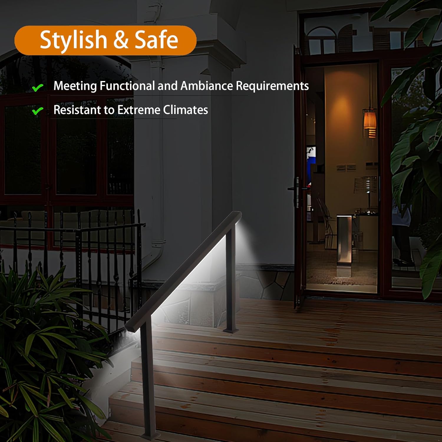 Outdoor Stair Railing Kit with LED Lighting - Aluminum Handrail for 3-4 Steps, Waterproof & Easy Install for Deck, Porch, Garden