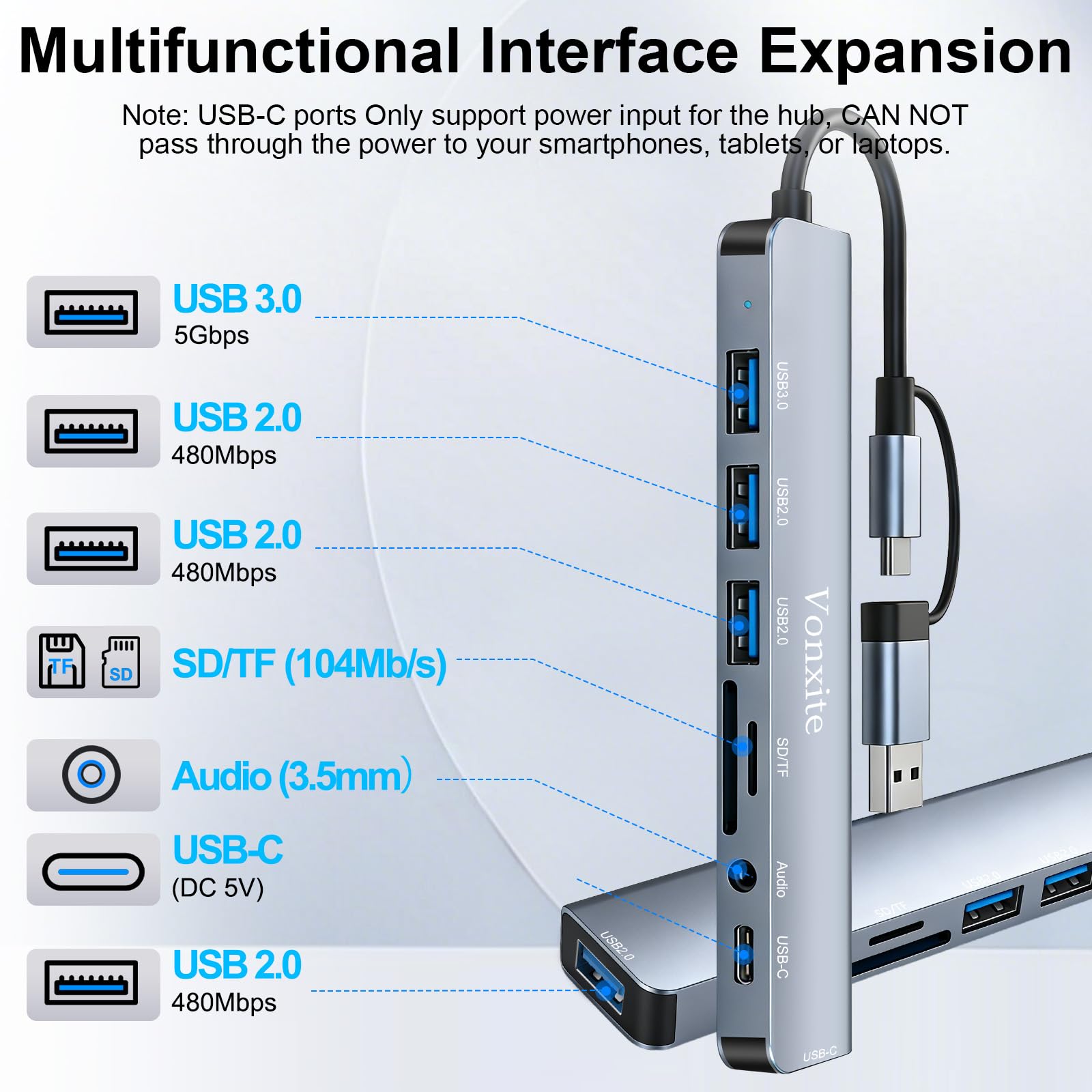USB C Hub, 8 in 1 USB Hub 3.0 Multiport Adapter mit 1*USB 3.0 mit 5 Gbit/s, 3*USB 2.0, 1*USB-C, 3.5mm Audio, SD/TF Kartenleser, USB C Splitter Aluminium für MacBook/Surface/XPS/PC/Laptops/Tablet etc. - 2