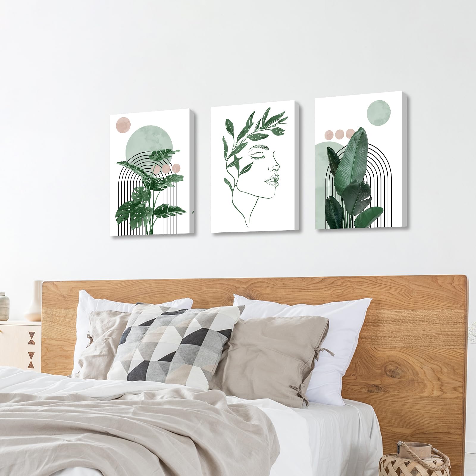 3 Pcs Wooden Framed Canvas Wall Art Set Bohemian Sage Green Canvas Prints Poster Geometric Line Beige Green Pictures for Living Room Bedroom Dinning Room Hallway Stairs Wall Decor 30x40cm x3pcs — view 347
