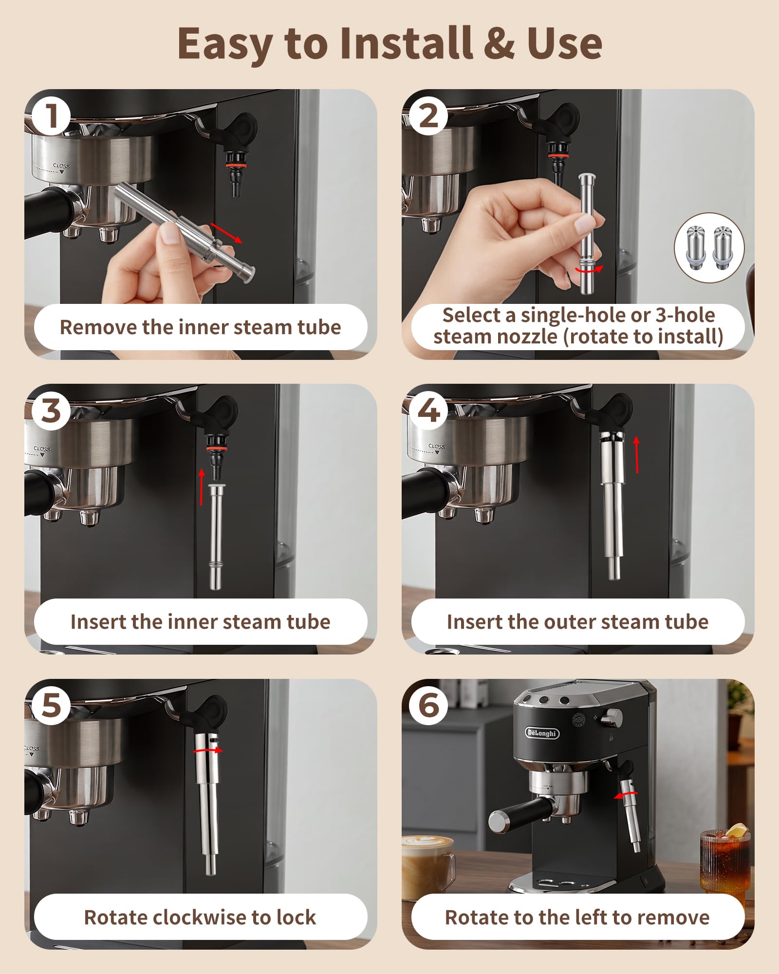 MOWETOO Ugello del Vapore for Coffee Machine - Inossidabile Steam Nozzle per Espresso Machine DeLonghi Dedica EC685 ed EC680, Punta con 1 o 3 Fori