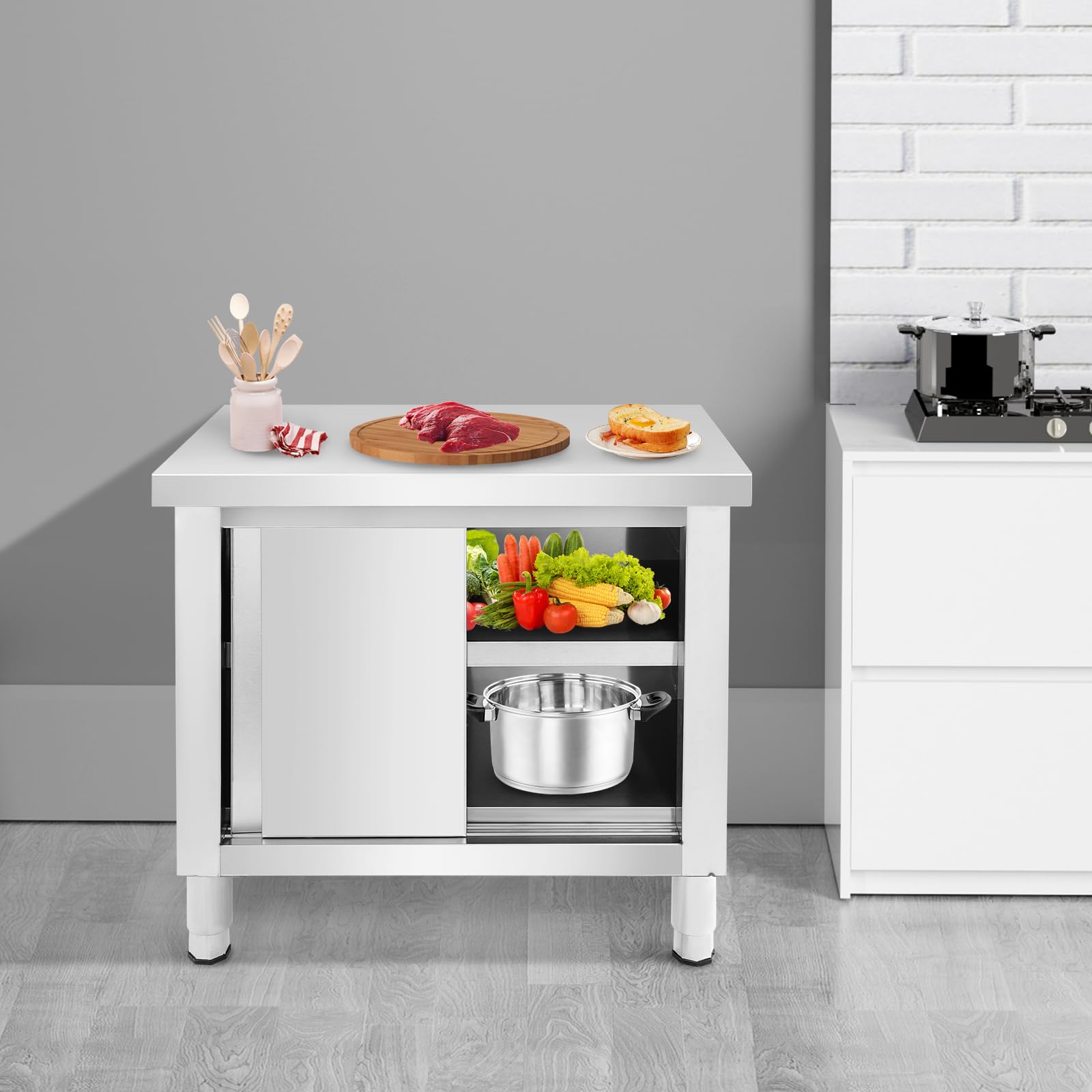 armadio in acciaio inox con ante scorrevoli, tavolo da cucina in acciaio inox per uso esterno, tavolo da lavoro indipendente per cucina da ristorante, garage e cucina (80 * 50 * 80 cm)