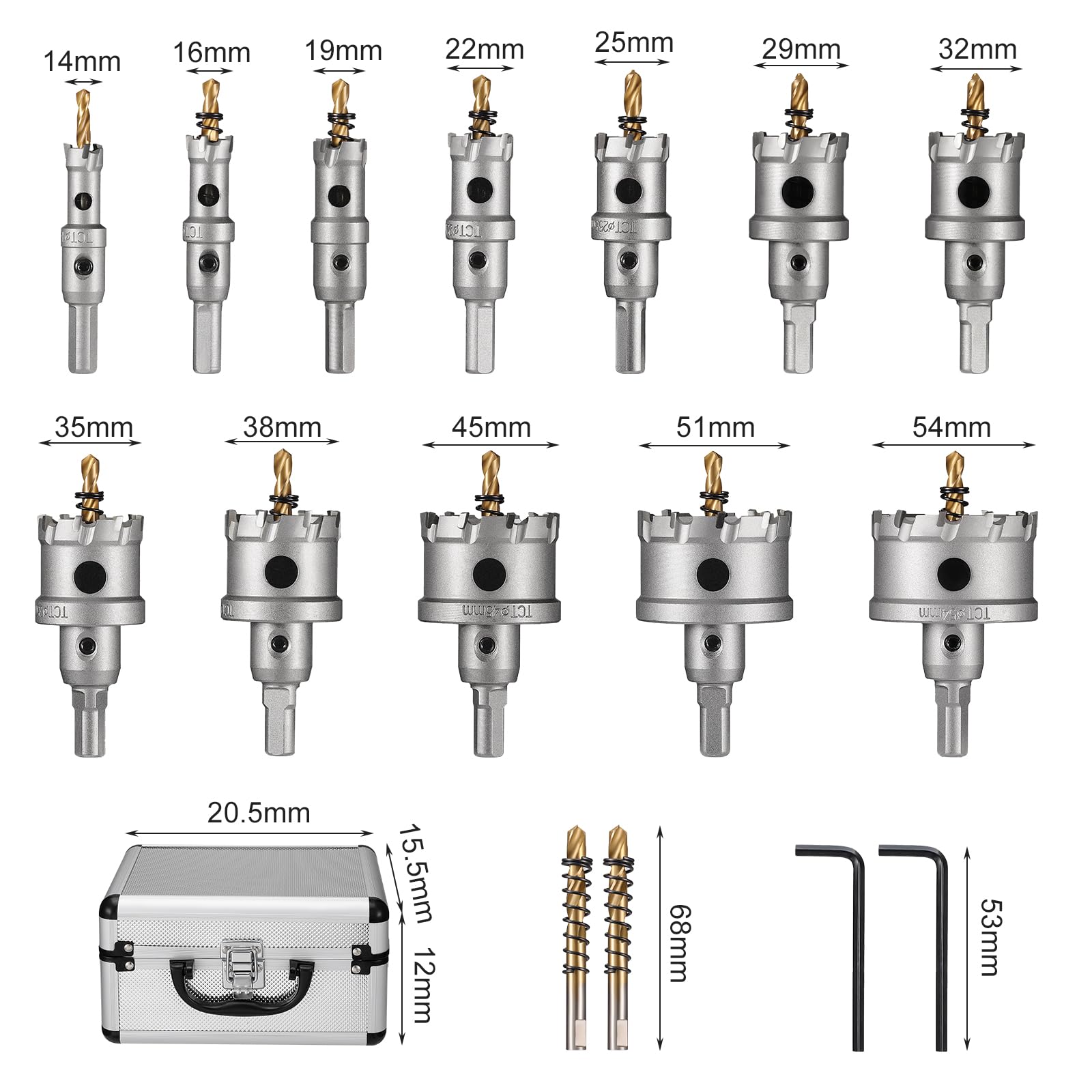Gueenky 12 Piezas Sierra de Corona para Metal, 14-54mm TCT Broca de Sierra de Agujero con Brocas de Centrar, Sierra Perforadora para Taladro para Acero Inoxidable Madera Aleación de Hierro