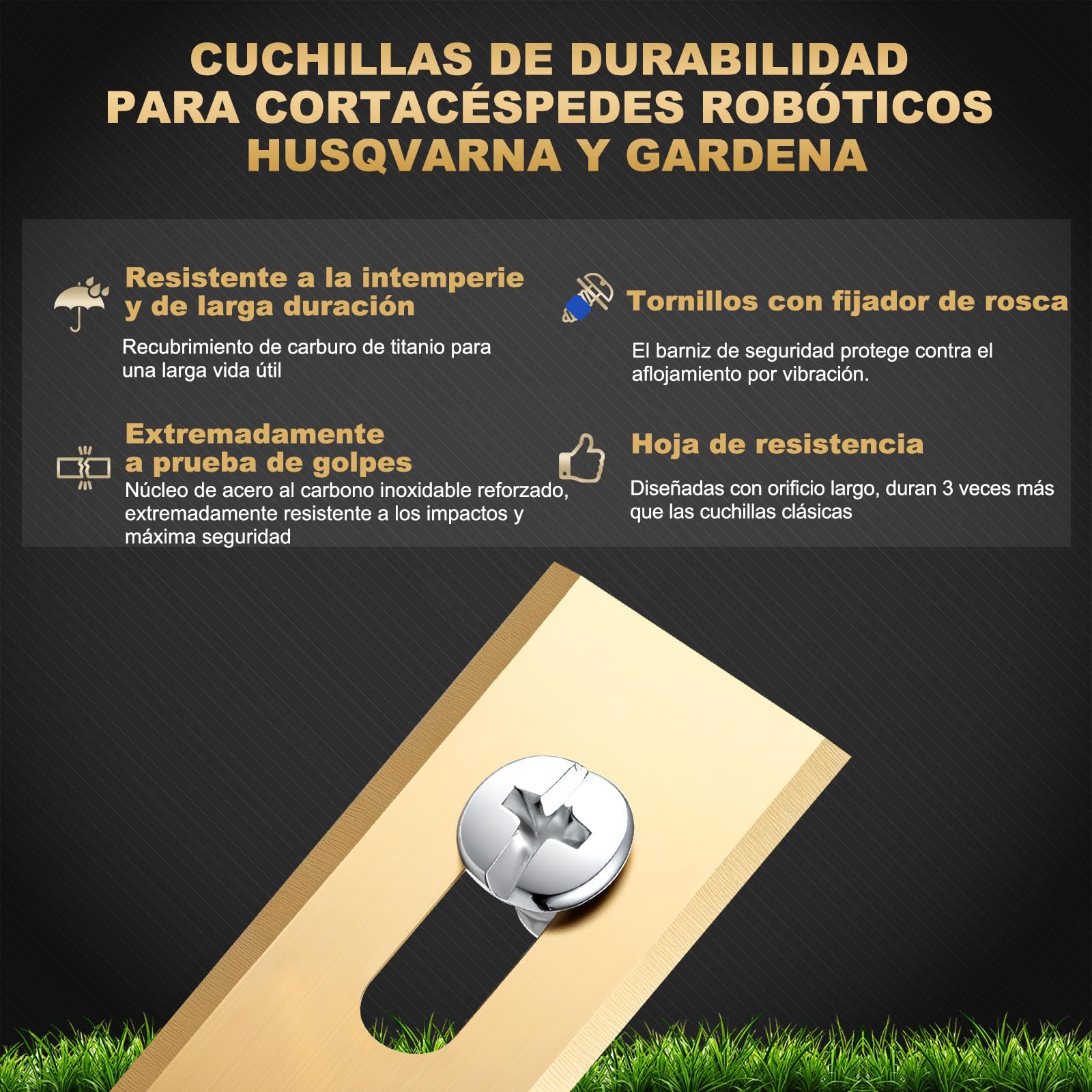 FourShow 36 Cuchillas Endurance Compatibles con Todos los Robots Cortacésped Husqvarna, Cuchillas de Reposición de Titanio Duraderas, Incluyendo Tornillos con Recubrimiento de Seguridad