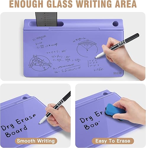 Miniatura 3 de SELEAD Pizarra blanca de vidrio de escritorio con almacenamiento, pequeña pizarra blanca de borrado en seco, soporte para teclado para el hogar,