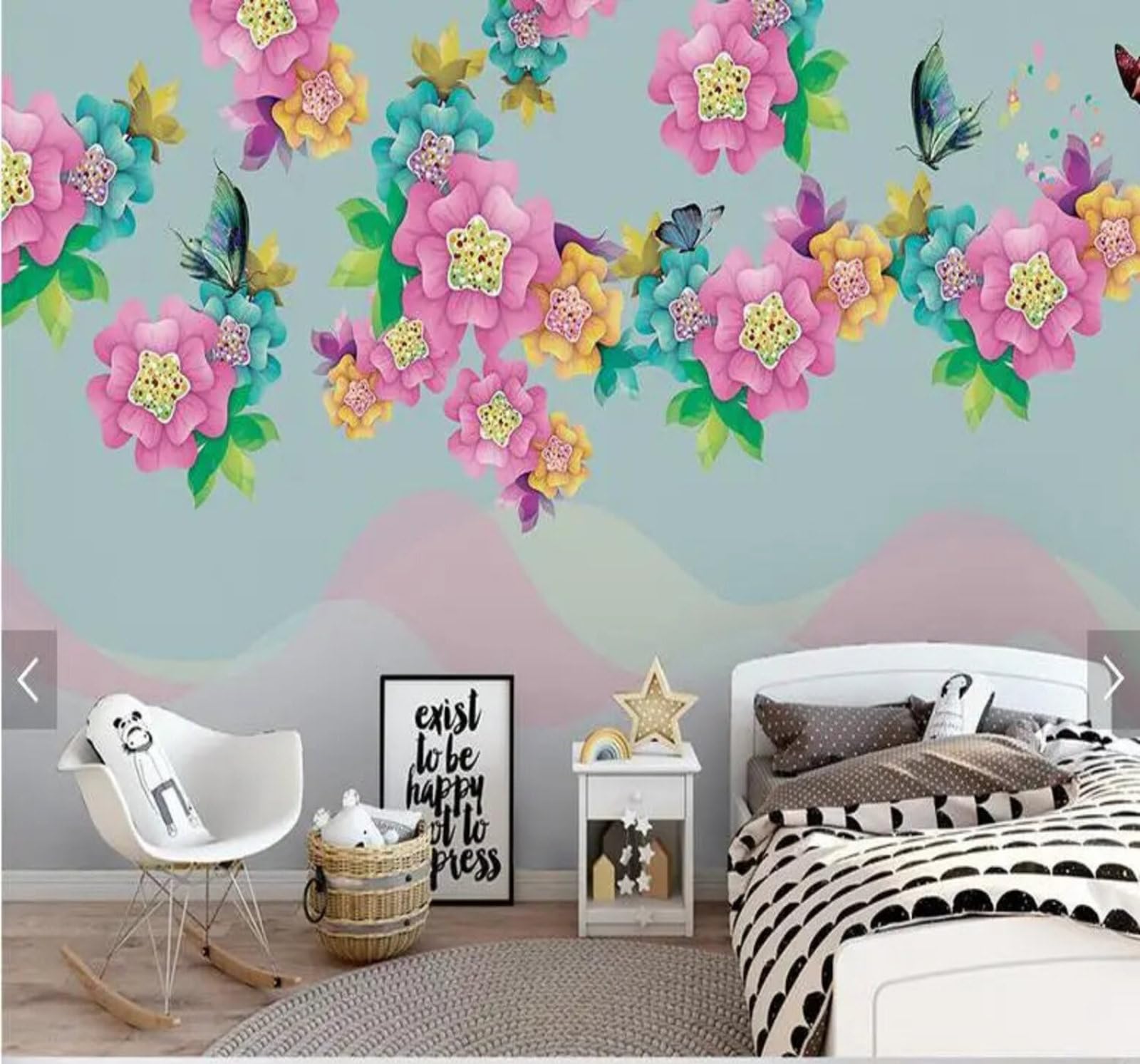 Tzxztt Fresh Beautiful Hand Drawn Flowers and Butterflies Modern 3D Wallpaper Premium Textured Silk Neutral Tones Material Ideal for Living Room Bedroom-250cm×170cm