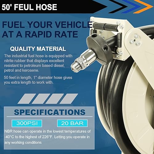 Miniatura 4 de Carrete de manguera de combustible diésel retráctil de 1 pulgada x 50 pies, impulsado por resorte, rebobinado giratorio automático, industrial,