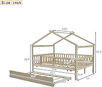 Vista 2 de Cama de casa de tamaño individual de madera Merax con cama corrediza de tamaño individual, marco de cama de madera con techo y barandilla
