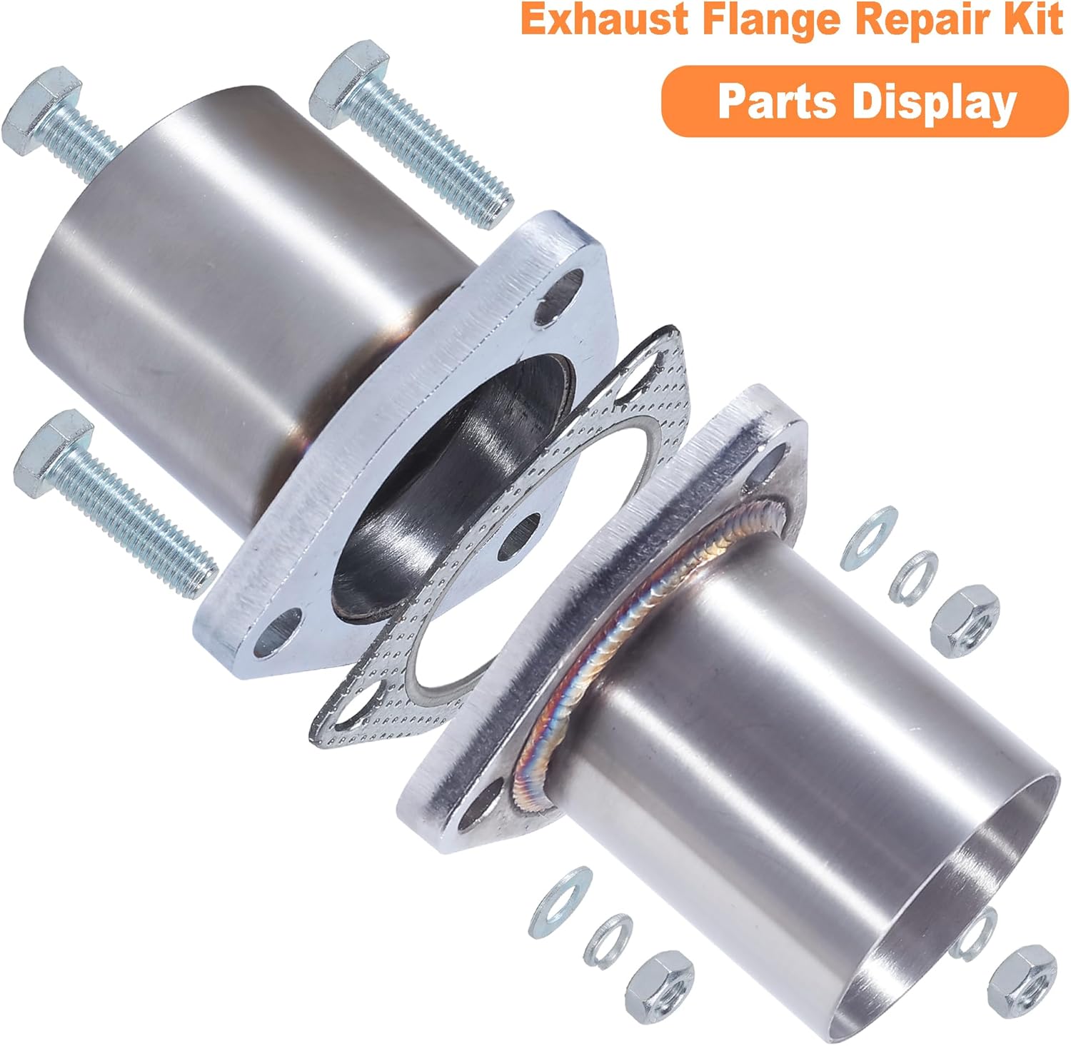 3 Bolt Exhaust Flange Repair Kit, 51mm/2.0 Inch ID to 2.0 Inch OD 3 Bolts Stainless Steel Quick Fix Exhaust Flange Pipe with Gasket/Bolt & Hardware Universal Fitment