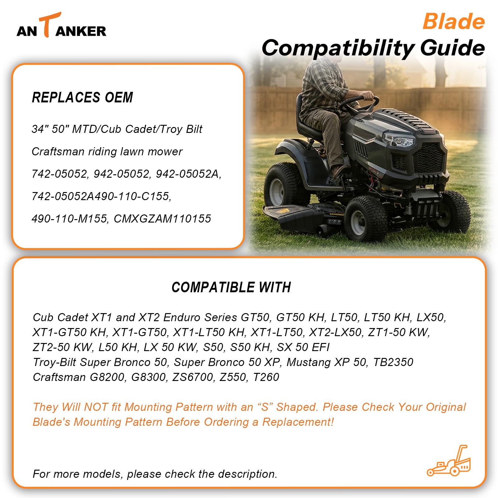 942-05052A - Cuchilla de repuesto para MTD/Cub Cadet/Troy Bilt 742-05052A 942-05052A, para tractores de césped de 50 pulgadas RZT S50 XT1 GT50 LT50 XT2, elevación media, paquete de 3