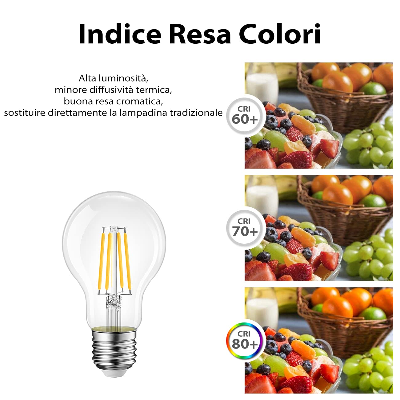 LVWIT Lampadine a Filamento LED E27, 4W Equivalenti a 40W, 470LM, 2700K, Luce Bianca Calda, A60, Consumo Basso, Risparmio Energetico, Non Dimmerabile, Confezione a 6 Pezzi.