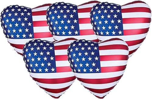 Juego de 5 globos de fiesta con diseño de corazón de aluminio de 18 pulgadas con la bandera estadounidense roja, blanca y azul