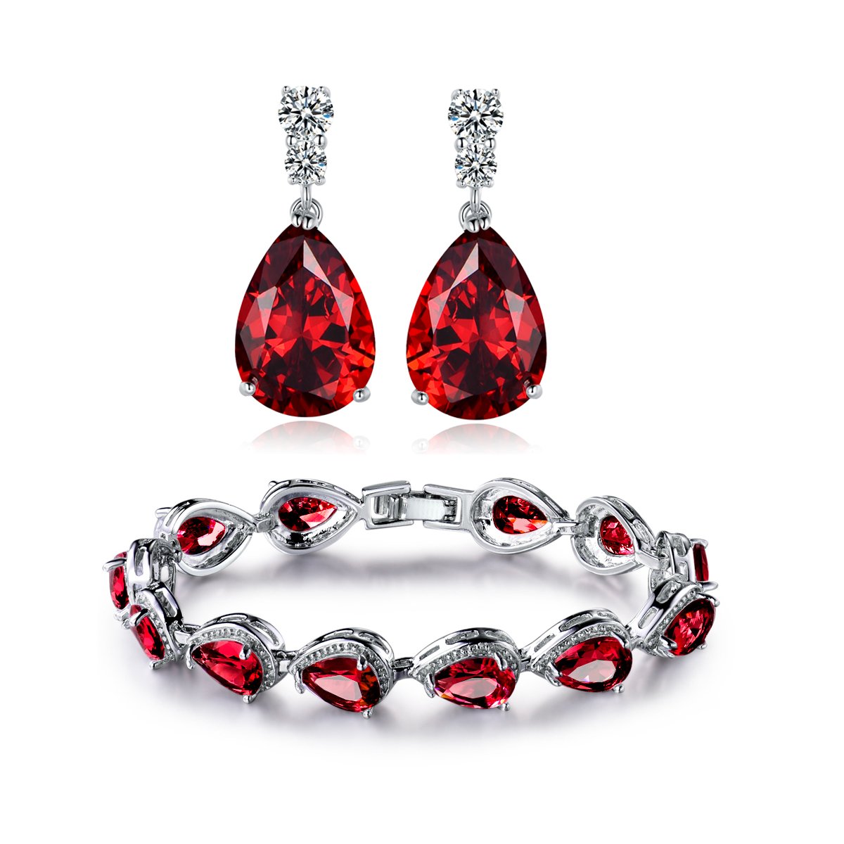 GULICX Silver Tone Red/Sapphire Color Cubic Zircon Jewellery Set Teardrop Party Drop Earrings Tennis Bracelet Chain Gift for Women 18K White Gold Plated