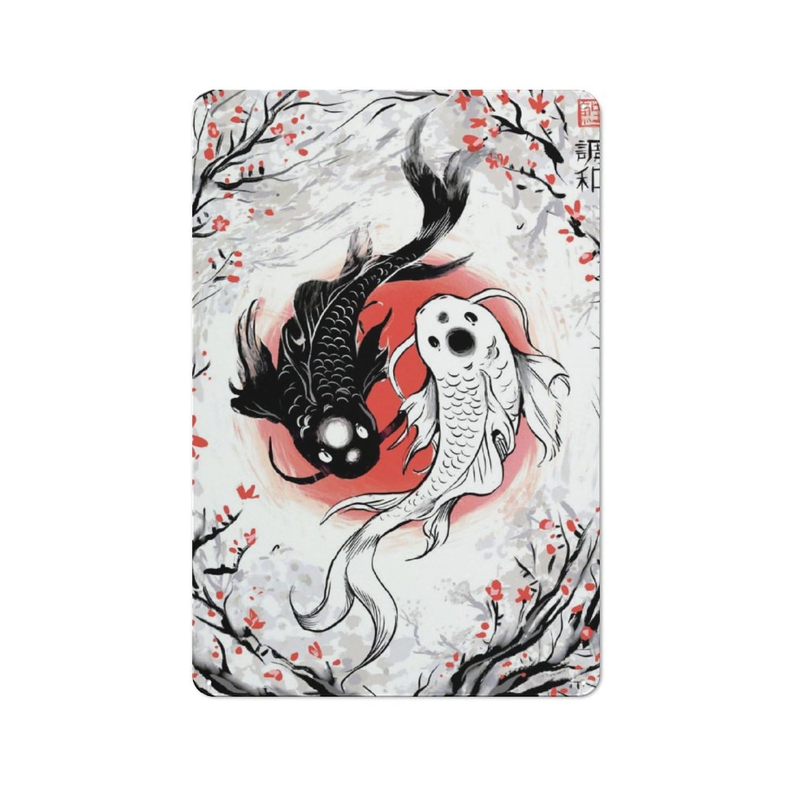 Junmoney Yin And Yang Koi Fish Metal Sign 30X20cm With For Pub Or Café, Retro Decor, Suited To Café Interior Fans