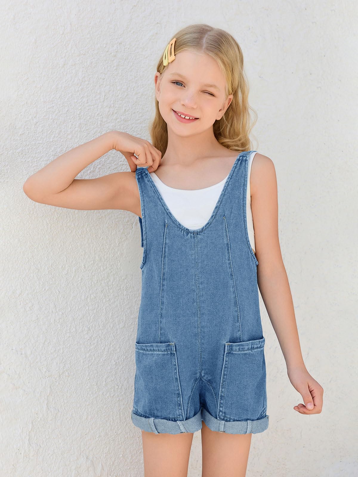 Haloumoning Overol de mezclilla para niñas, pantalones cortos de verano con tirantes ajustables, pantalones cortos de mezclilla para 5 a 14 años