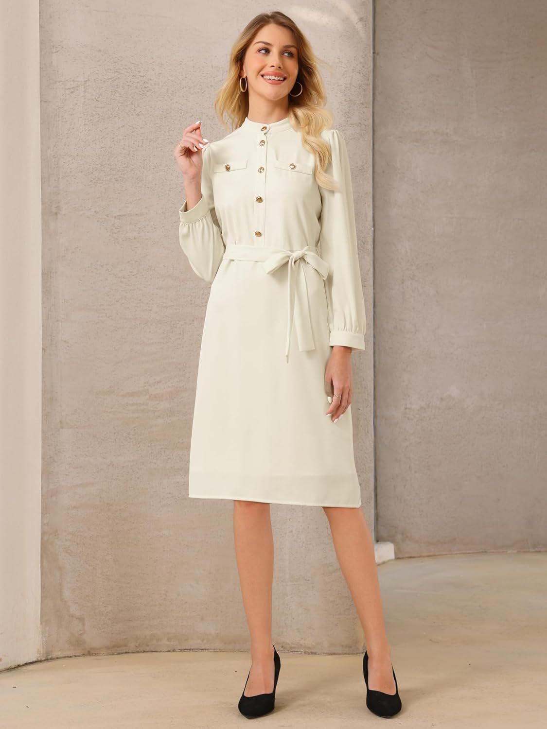 Women's Button Up A-Line Dress Puff Long Sleeve Tie Waist Business Casual Knee Length Dresses - Image 2