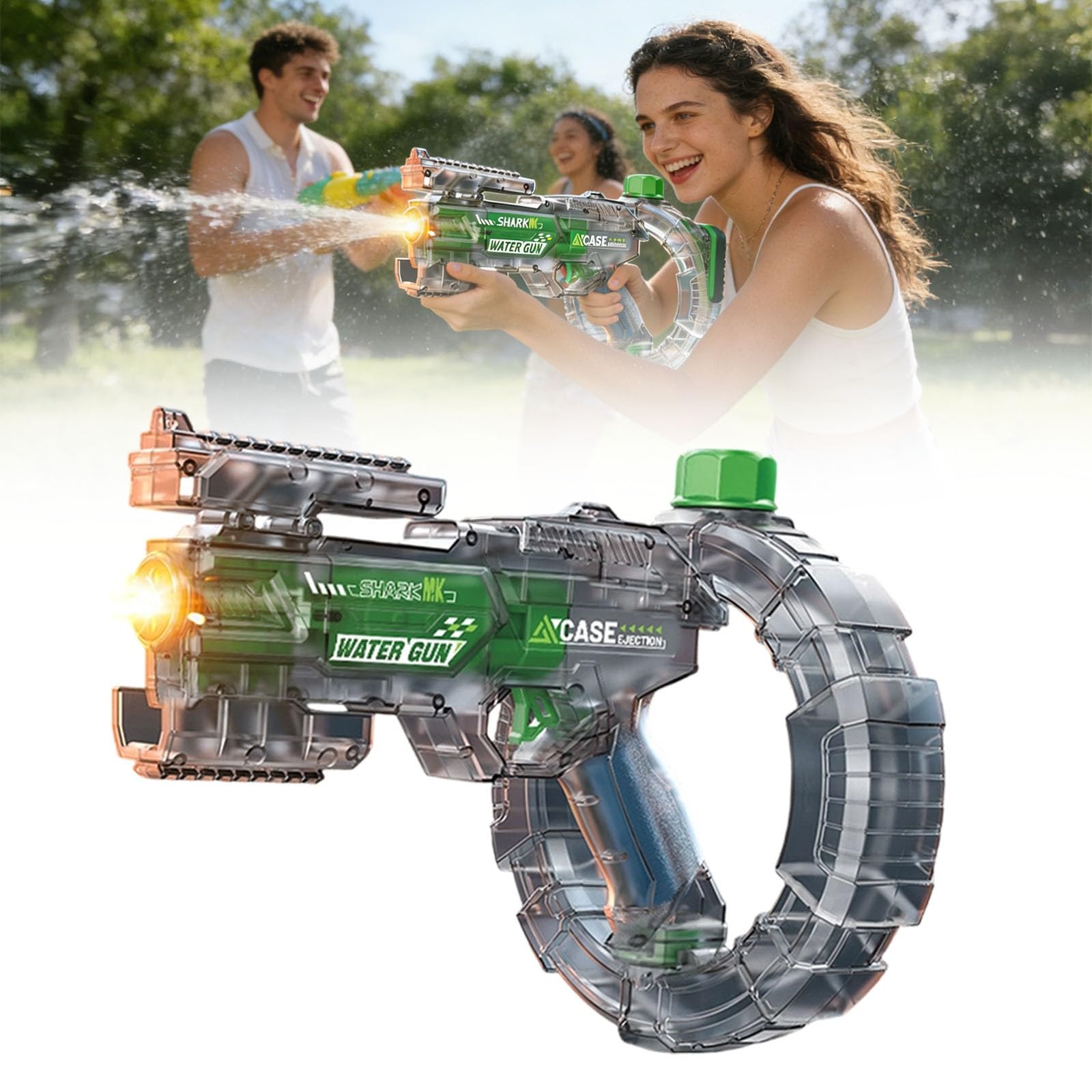 Electric Water Gun for Adults Kids – Automatic Squirt Water Pistol with LED Flame - Summer Outdoor Pool Beach Party Toy, USB Charging Cable, Circular Storage Clip, Filter Hose